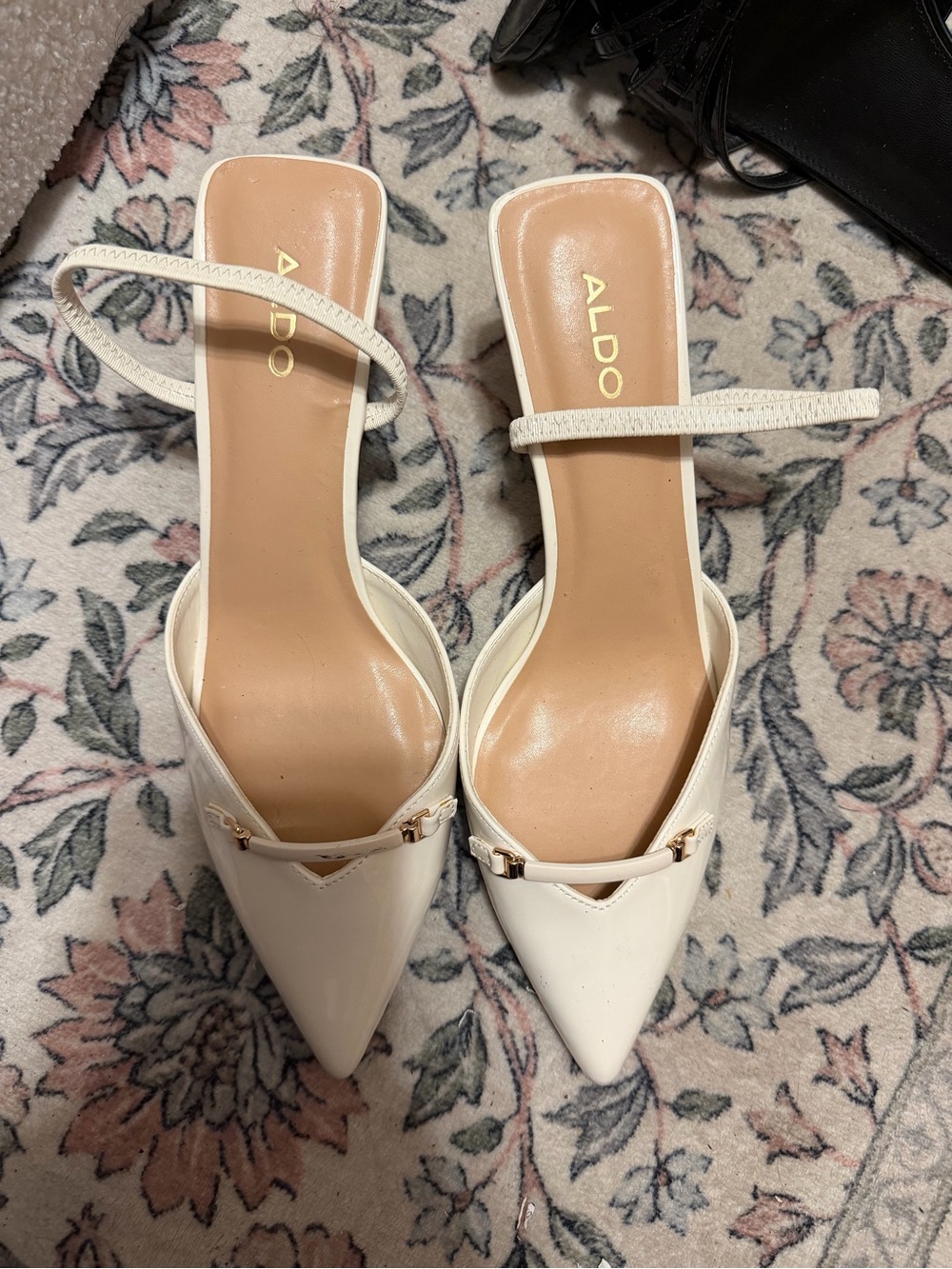 ALDO White Pointed Toe Strap Mules with Gold Accent